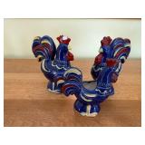 Blue Ceramic Rooster Pair Centerpiece - Open Center Decorative Tabletop Sculpture