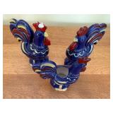 Blue Ceramic Rooster Pair Centerpiece - Open Center Decorative Tabletop Sculpture
