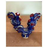 Blue Ceramic Rooster Pair Centerpiece - Open Center Decorative Tabletop Sculpture