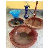 Carnival Glass Vase & Bowl Lot - Blue Daisy Vase, Blue Ruffled Bowl, Burgundy Dishes
