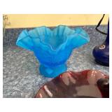 Carnival Glass Vase & Bowl Lot - Blue Daisy Vase, Blue Ruffled Bowl, Burgundy Dishes