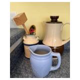 Blue Ceramic Pitcher - Cream Canister with MUL - Floral Spoon - Brown Base Coffee Carafe