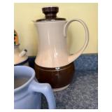 Blue Ceramic Pitcher - Cream Canister with MUL - Floral Spoon - Brown Base Coffee Carafe