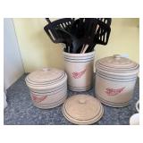 Red Wing Stoneware Canister Set with Lids - Winged Bird, Blue Stripes, 4-Piece