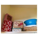 Decorative Christmas Tin Box Collection - Holiday Gift Tins with Blue Basin & Wicker Tray