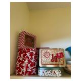 Decorative Christmas Tin Box Collection - Holiday Gift Tins with Blue Basin & Wicker Tray