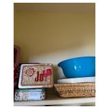 Decorative Christmas Tin Box Collection - Holiday Gift Tins with Blue Basin & Wicker Tray