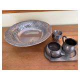 Pewter Plate with Grapevine Rim + Creamer & Two Cups on Tray