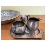 Pewter Plate with Grapevine Rim + Creamer & Two Cups on Tray
