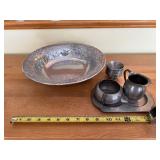 Pewter Plate with Grapevine Rim + Creamer & Two Cups on Tray
