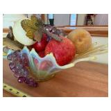 Fruit Bowl - Iridescent Glass Centerpiece with Faux Pears & Grapes