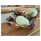 Fruit Bowl - Iridescent Glass Centerpiece with Faux Pears & Grapes