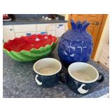 Soma Pineapple Cookie Jar - Fruit Punch Pattern, Includes 2 Navy Mugs & Green Exterior/Red Interior Bowl