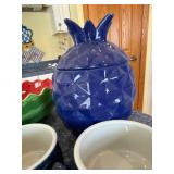 Soma Pineapple Cookie Jar - Fruit Punch Pattern, Includes 2 Navy Mugs & Green Exterior/Red Interior Bowl