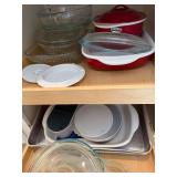 Glass Bakeware Set - Red-enameled Casserole & Lidded Clear Glass Dishes