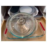 Glass Bakeware Set - Red-enameled Casserole & Lidded Clear Glass Dishes