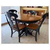 Round Wood Dining Table with Four Chairs - Made in Canada, with one leaf, 48 in Diameter, Pedestal Base Matches Hutch and Buffet earlier in auction