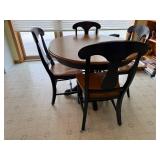 Round Wood Dining Table with Four Chairs - Made in Canada, with one leaf, 48 in Diameter, Pedestal Base Matches Hutch and Buffet earlier in auction