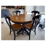 Round Wood Dining Table with Four Chairs - Made in Canada, with one leaf, 48 in Diameter, Pedestal Base Matches Hutch and Buffet earlier in auction
