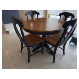 Round Wood Dining Table with Four Chairs - Made in Canada, with one leaf, 48 in Diameter, Pedestal Base Matches Hutch and Buffet earlier in auction