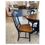 Round Wood Dining Table with Four Chairs - Made in Canada, with one leaf, 48 in Diameter, Pedestal Base Matches Hutch and Buffet earlier in auction