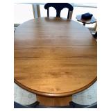 Round Wood Dining Table with Four Chairs - Made in Canada, with one leaf, 48 in Diameter, Pedestal Base Matches Hutch and Buffet earlier in auction