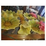 Set of Yellow Art Glass Flower-Shaped Bowls and Vases