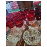 Vintage Ruby Red Cut Glass Goblets, Tumblers, and Pressed Glass Fruit Bowl Set