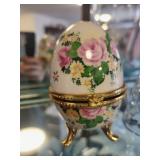 Decorative Floral Porcelain Trinket Egg, Glass Bell, and Painted Glass Vase Set
