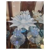 Set of Opalescent Blue glass and Candle Holders