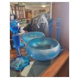 Blue Iridescent Glass Bowl and Candlestick Set