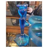 Blue Iridescent Glass Bowl and Candlestick Set