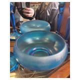 Blue Iridescent Glass Bowl and Candlestick Set