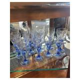 Blue Stemmed Wine Glass Set and Clear Glass Cake Stand