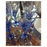 Blue Stemmed Wine Glass Set and Clear Glass Cake Stand