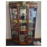 Wood Framed Glass Corner Curio Cabinet with Lights