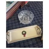 Vintage Porcelain Covered Tureen, Holiday Tray, and Cut Glass Bowl Set