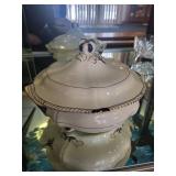 Vintage Porcelain Covered Tureen, Holiday Tray, and Cut Glass Bowl Set