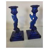 Pair of Imperial Glass Cobalt Blue Dolphin Candlestick Holders