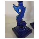 Pair of Imperial Glass Cobalt Blue Dolphin Candlestick Holders