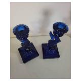Pair of Imperial Glass Cobalt Blue Dolphin Candlestick Holders