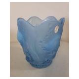 Fenton Blue Satin Art Glass Vase with Embossed Fish Design