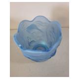 Fenton Blue Satin Art Glass Vase with Embossed Fish Design