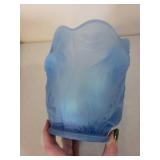 Fenton Blue Satin Art Glass Vase with Embossed Fish Design