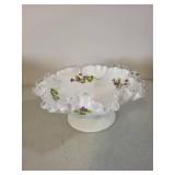 Fenton Ruffled Edge Milk Glass Compote with Hand-Painted Floral Design