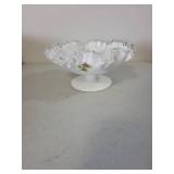 Fenton Ruffled Edge Milk Glass Compote with Hand-Painted Floral Design