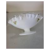 Fenton Ruffled Edge Milk Glass Compote with Hand-Painted Floral Design