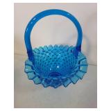Blue Hobnail Glass Basket with Ruffled Edge