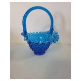 Blue Hobnail Glass Basket with Ruffled Edge