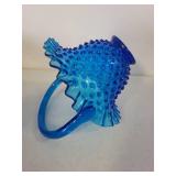 Blue Hobnail Glass Basket with Ruffled Edge